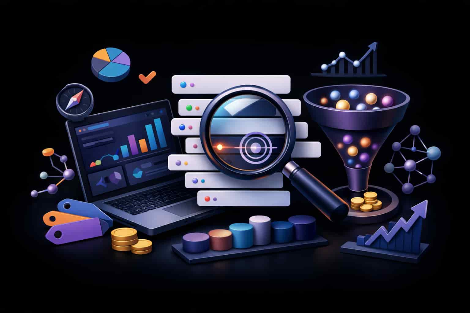 3D illustration of SaaS keyword research showing analytics dashboard, magnifying glass, and conversion funnel on black background