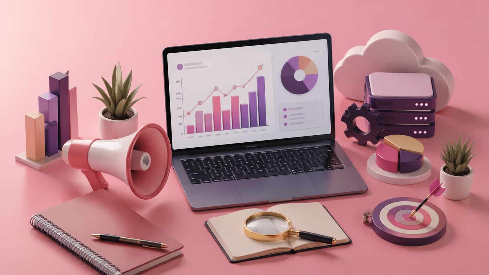 3D rendered workspace for B2B SaaS content marketing featuring a laptop with a data dashboard, marketing tools, and soft pink background.