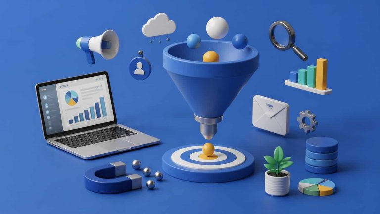 3D illustration of SaaS lead generation strategies, featuring funnels, analytics, email, LinkedIn, and other marketing elements on a blue background.
