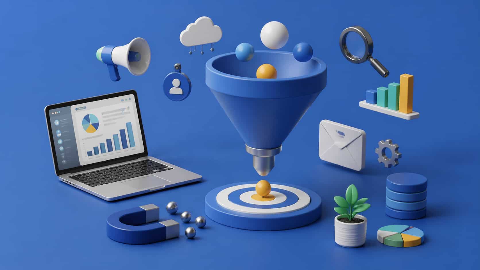 3D illustration of SaaS lead generation strategies, featuring funnels, analytics, email, LinkedIn, and other marketing elements on a blue background.