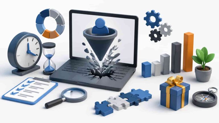 3D illustration of a laptop with a funnel and various objects symbolizing the challenges of SaaS free trial user conversion.