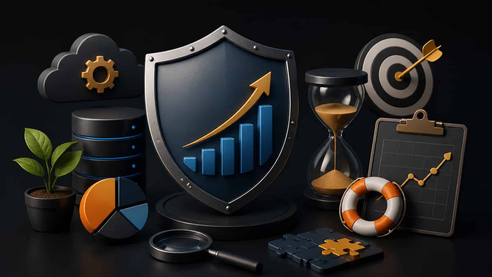 "3D illustration symbolizing SaaS churn reduction strategies, with a shield, rising bar chart, gears, and data elements against a dark background."