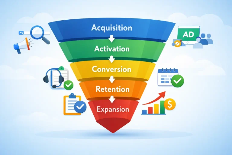 saas sales funnel stages including acquisition activation conversion retention and expansion