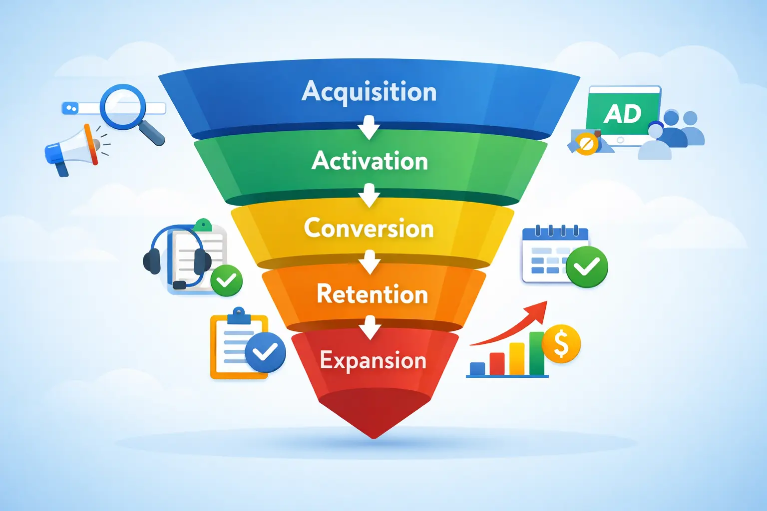 saas sales funnel stages including acquisition activation conversion retention and expansion