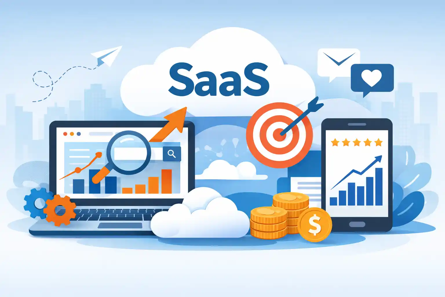 A professional digital marketing dashboard showing SaaS SEO growth metrics and a laptop representing a software-as-a-service business.
