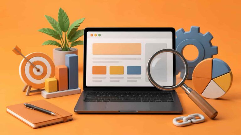 3D illustration of SEO elements for SaaS blogs, including a laptop, target, bar chart, magnifying glass, and gear, on an orange background."