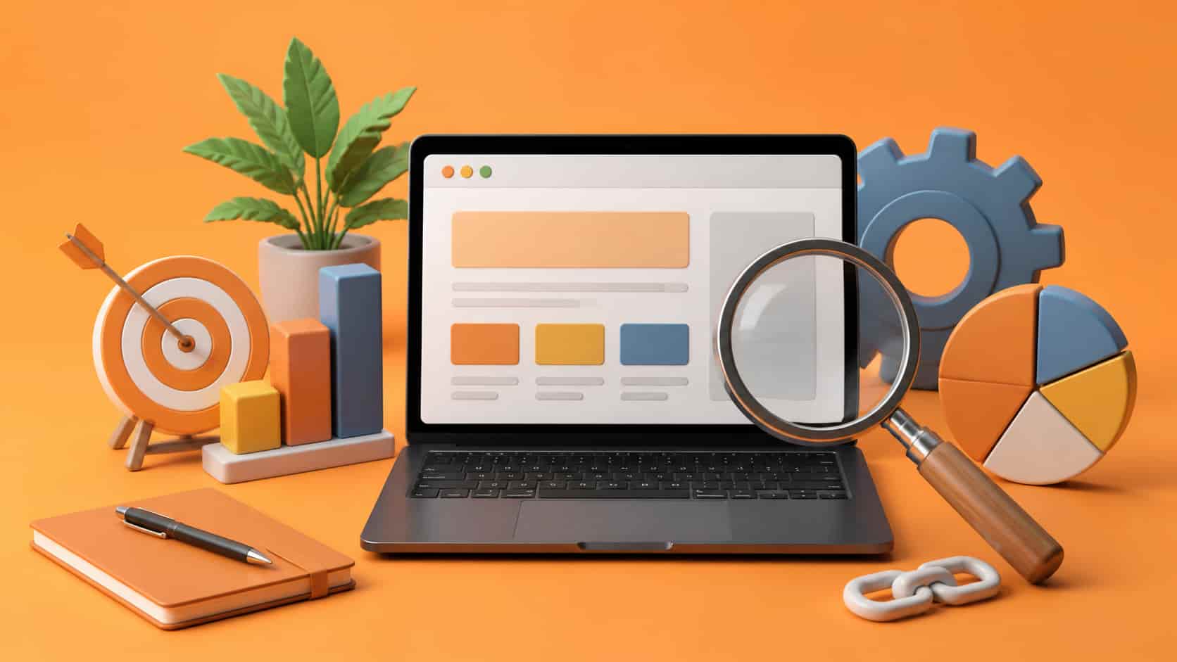 3D illustration of SEO elements for SaaS blogs, including a laptop, target, bar chart, magnifying glass, and gear, on an orange background."