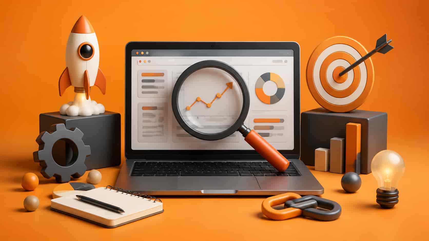 "3D digital illustration representing SaaS homepage SEO optimization, featuring a laptop with business analytics, gears, a rocket, magnifying glass, target, and orange background."
