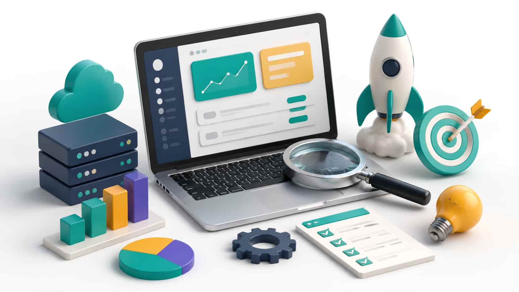 3D illustration of SaaS product page SEO with a laptop, cloud, analytics, and productivity icons in a modern digital workspace.
