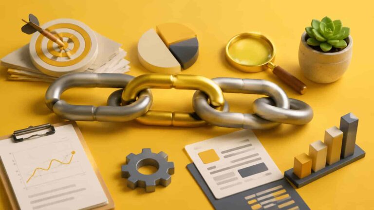 "3D editorial illustration of internal linking in SaaS with a metallic chain surrounded by business tools, charts, and a magnifying glass on a yellow background."