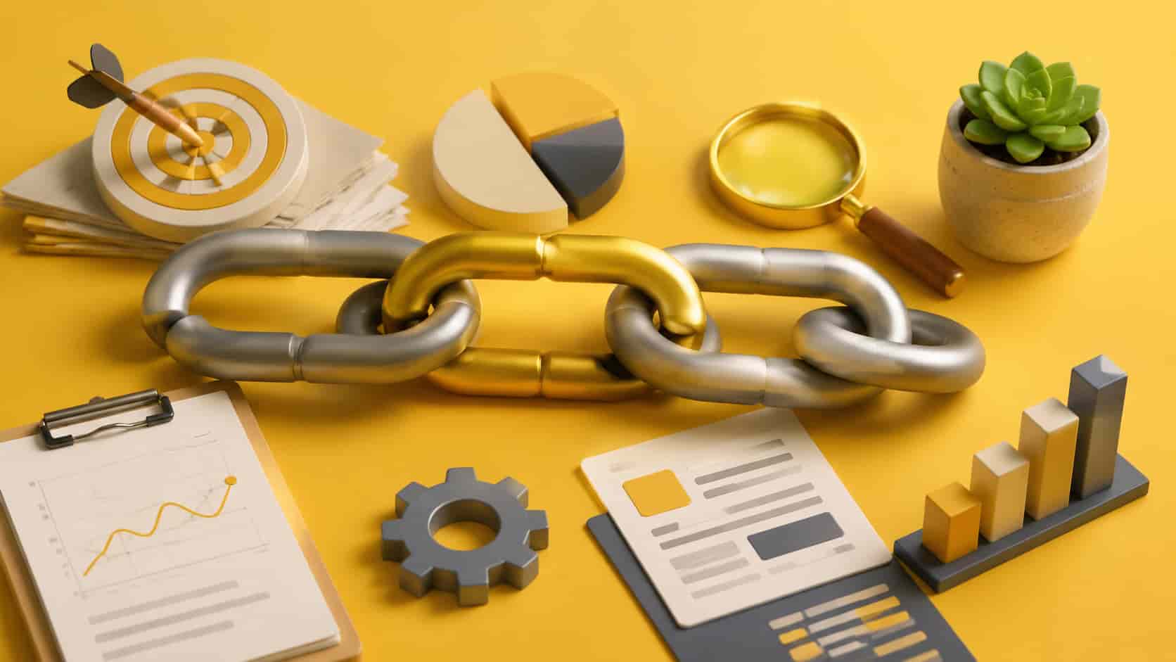 "3D editorial illustration of internal linking in SaaS with a metallic chain surrounded by business tools, charts, and a magnifying glass on a yellow background."