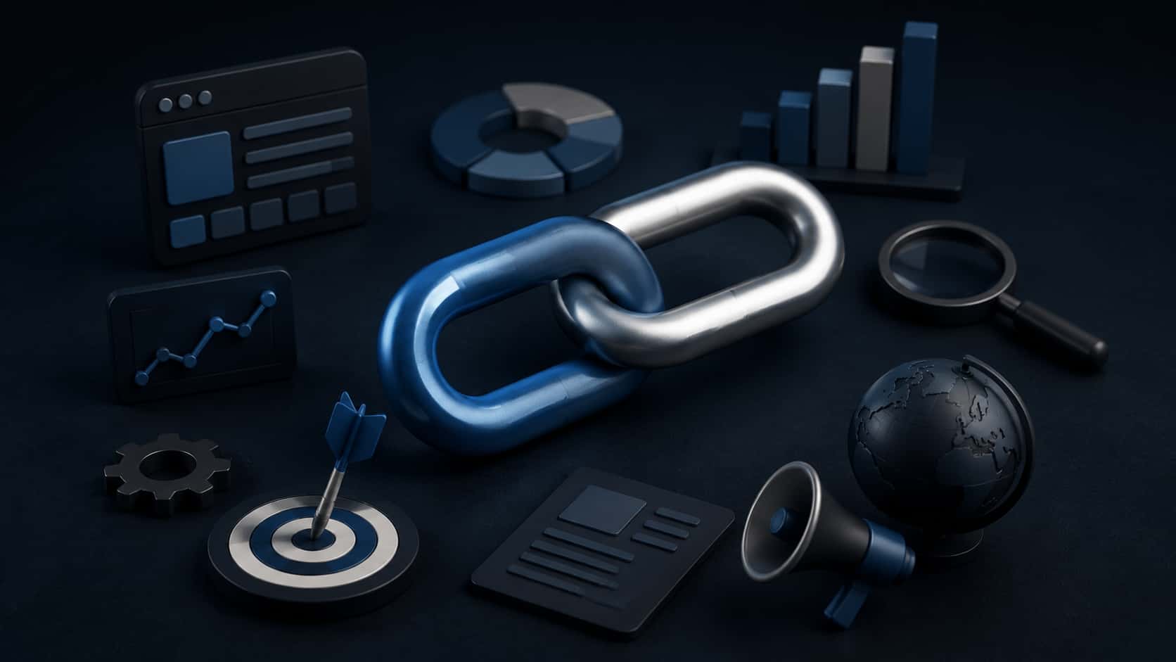 3D rendered SaaS link building concept with chain link, analytics charts, and marketing symbols on dark background