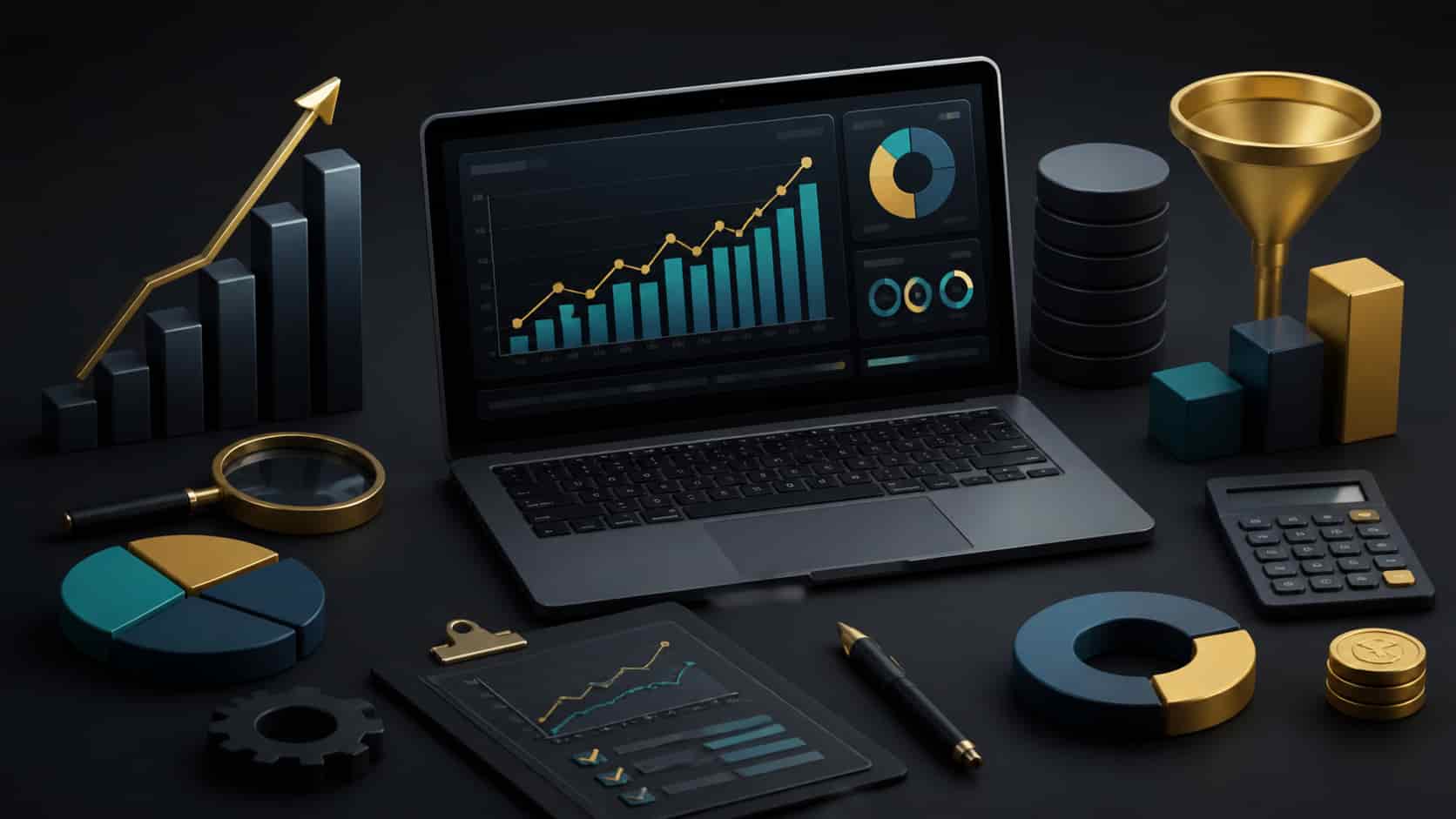 SaaS marketing metrics visualization with 3D charts, financial symbols, and tools on a dark background.