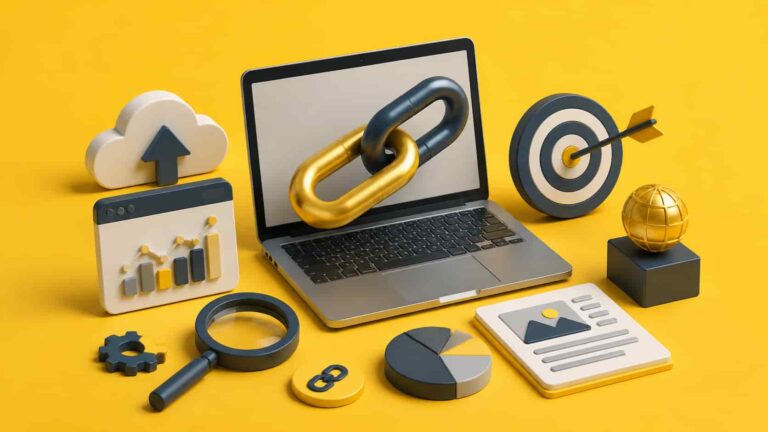 A clean, modern 3D illustration on a yellow background depicting SaaS backlink strategies. The main visual shows a golden and black chain link on a laptop screen, surrounded by supporting elements like charts, magnifying glass, cloud upload icon, pie chart, and workflow templates, illustrating link building through product assets, integrations, and data.