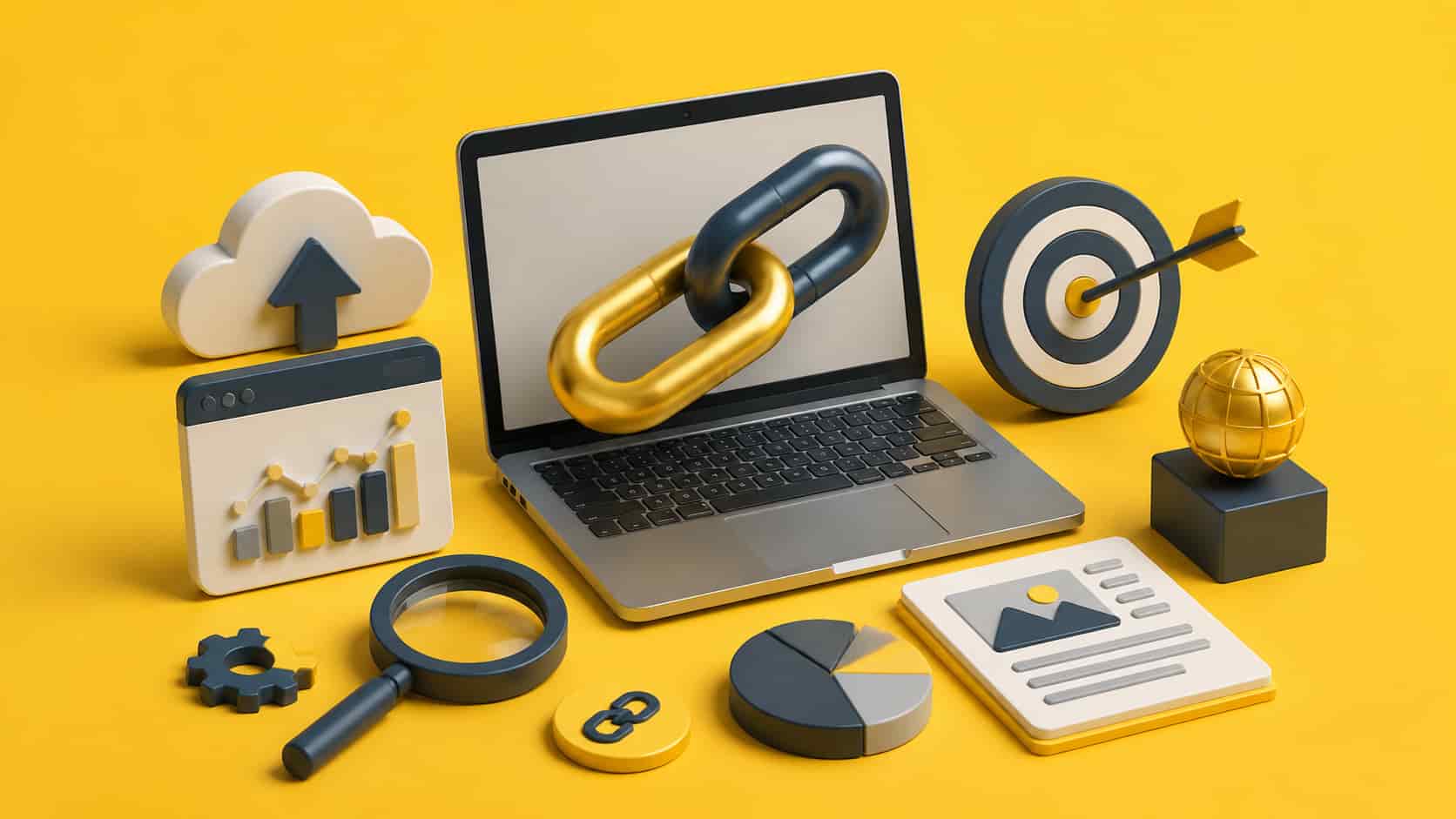 A clean, modern 3D illustration on a yellow background depicting SaaS backlink strategies. The main visual shows a golden and black chain link on a laptop screen, surrounded by supporting elements like charts, magnifying glass, cloud upload icon, pie chart, and workflow templates, illustrating link building through product assets, integrations, and data.