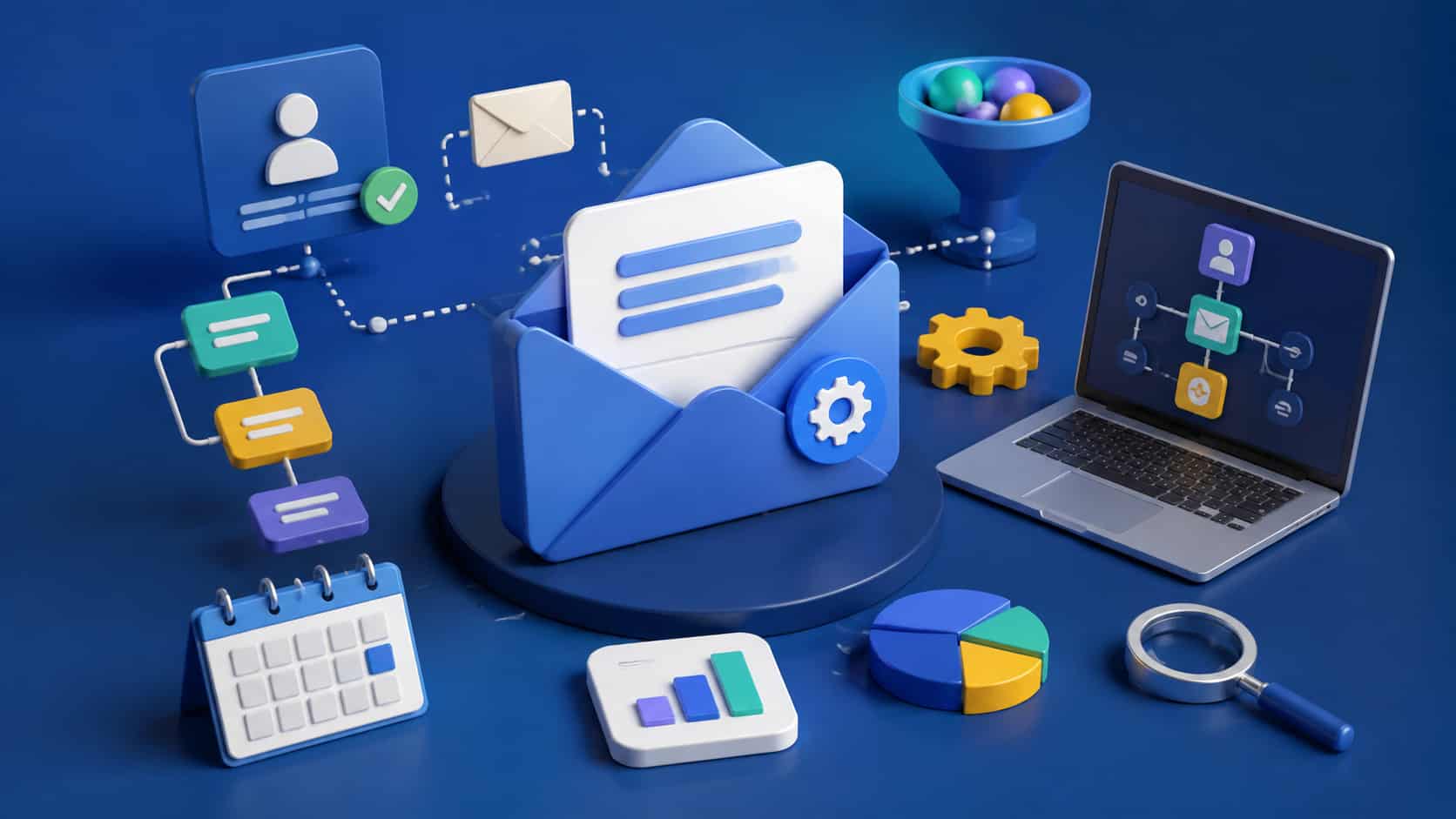 3D illustration of SaaS email automation workflow with envelopes, dashboards, and analytics elements on a blue background