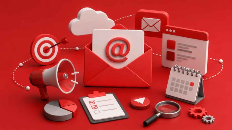 3D isometric editorial illustration of SaaS onboarding email sequence on red background