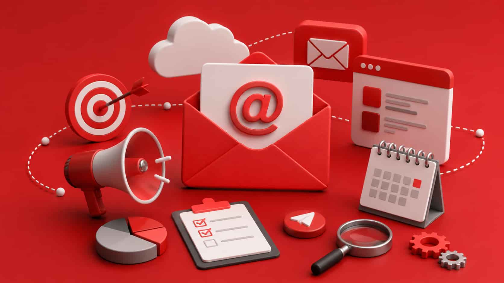 3D isometric editorial illustration of SaaS onboarding email sequence on red background