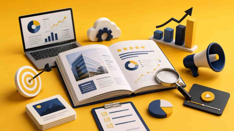 3D illustration of SaaS case study marketing with analytics reports, charts, laptop, and business growth elements on a yellow background.