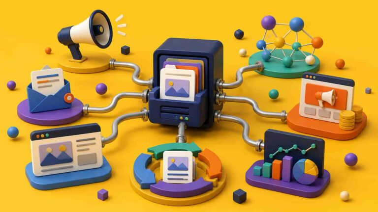 3D illustration of a central content hub distributing content across channels like email, SEO, ads, and communities, representing SaaS content distribution strategy.