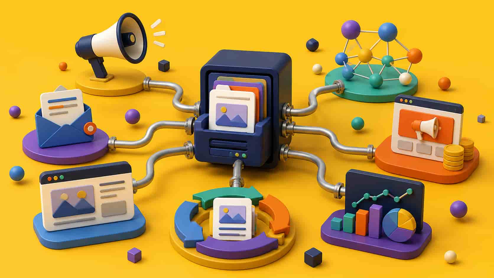 3D illustration of a central content hub distributing content across channels like email, SEO, ads, and communities, representing SaaS content distribution strategy.
