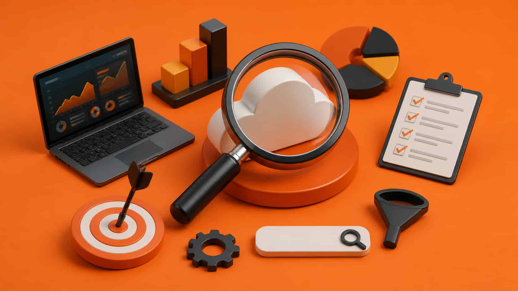 Editorial 3D illustration of SaaS keyword research with a magnifying glass, cloud, and business icons on an orange background.