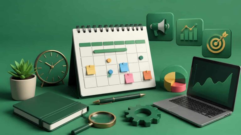 3D rendered workspace with a green theme, featuring a calendar, analysis tools, and office items symbolizing a SaaS content calendar.