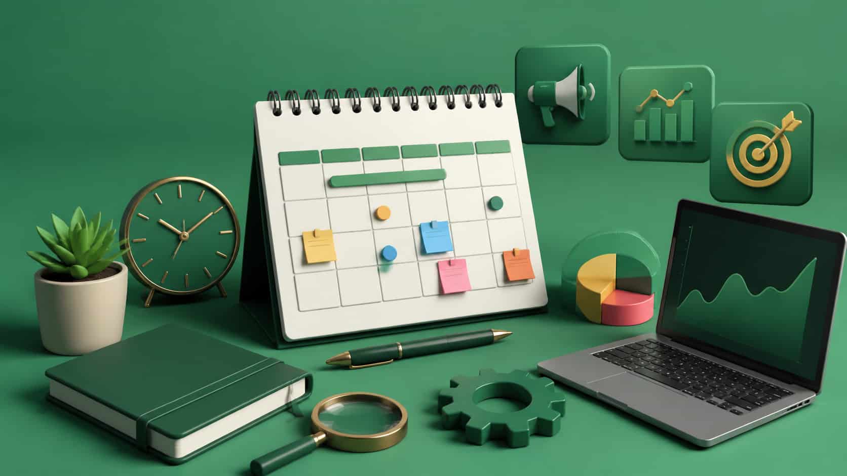 3D rendered workspace with a green theme, featuring a calendar, analysis tools, and office items symbolizing a SaaS content calendar.