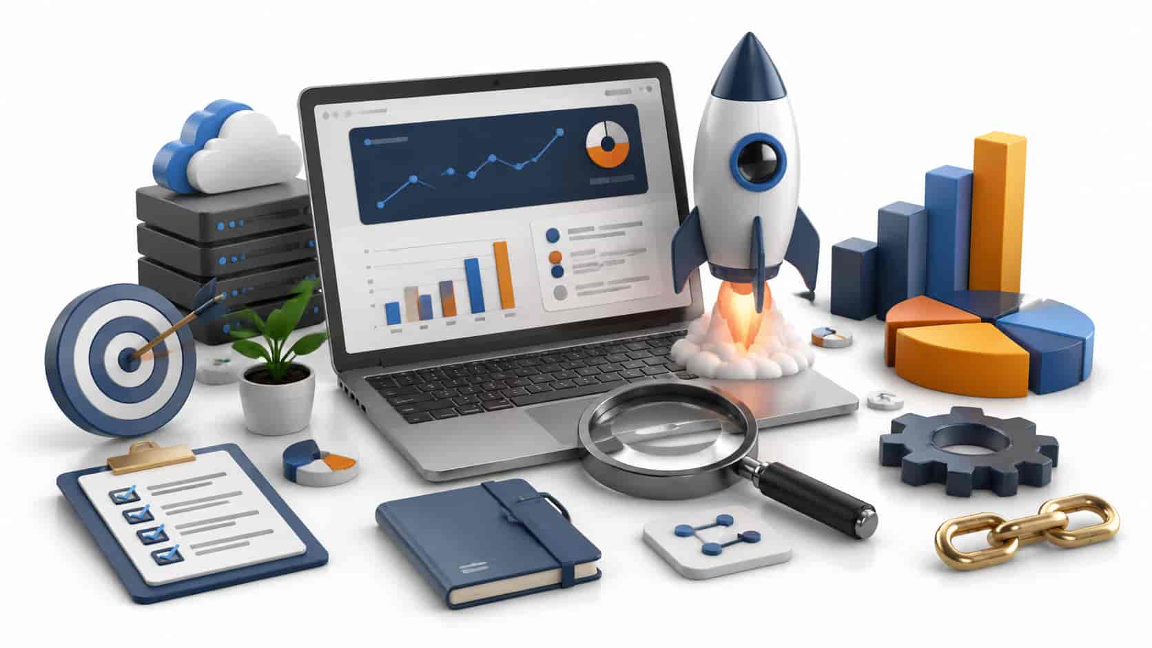3D rendered illustration symbolizing SaaS SEO content strategy with laptop, charts, and various business tools to emphasize optimization and conversion techniques.