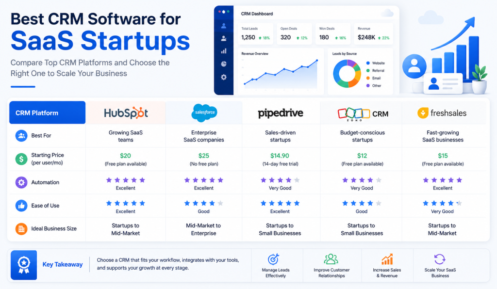 Comparison of the best CRM for SaaS startups including HubSpot, Salesforce, Pipedrive, Zoho CRM, and Freshsales.