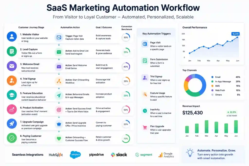 SaaS marketing automation workflow showing lead capture, email nurturing, customer onboarding, and conversion process.