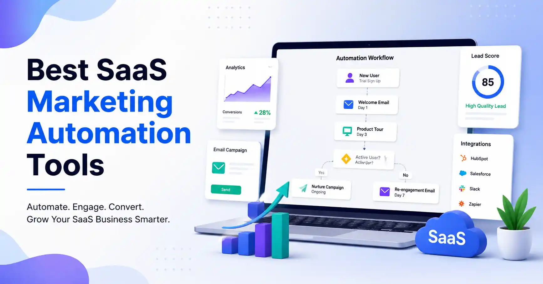 Best SaaS marketing automation tools dashboard showing email automation, CRM integration, lead nurturing, and customer journey workflows.