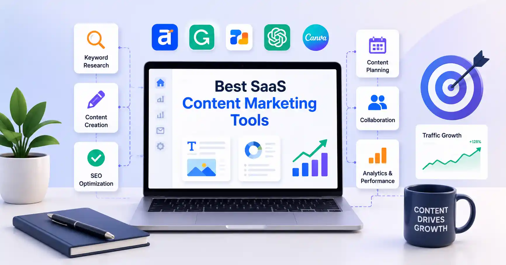 Best SaaS content marketing tools dashboard featuring SEO research, content planning, AI writing, analytics, and content optimization for business growth.