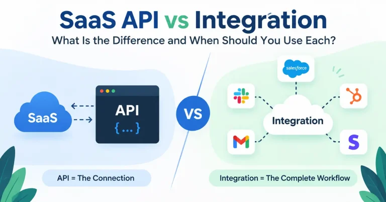 SaaS API vs integration comparison showing connected applications and automated workflows