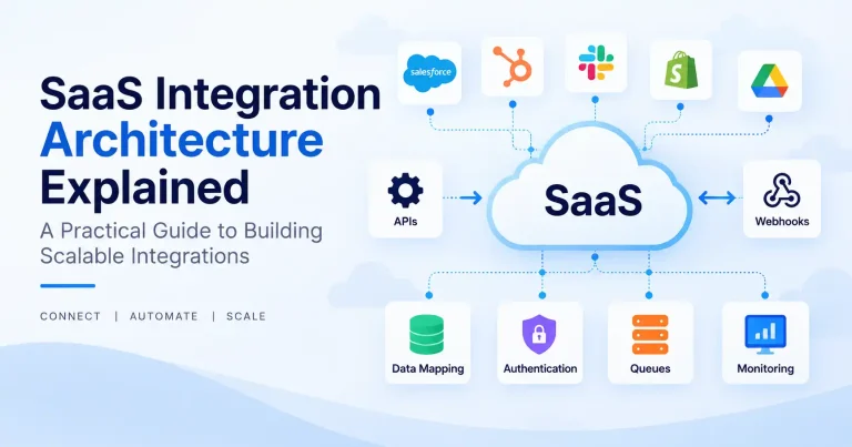 SaaS integration architecture showing APIs, webhooks, data flow, and connected applications