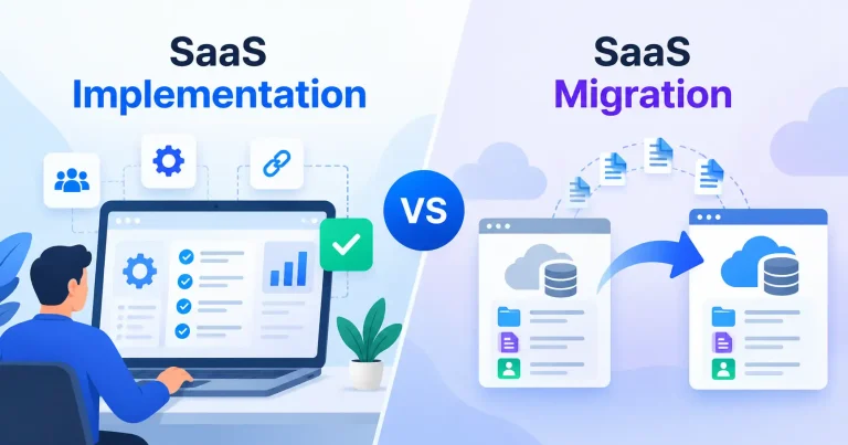 SaaS implementation vs SaaS migration comparison showing software setup and data transfer between platforms.