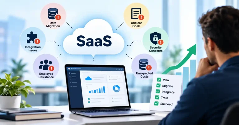 SaaS implementation challenges involving data migration, software integration, security, and user adoption