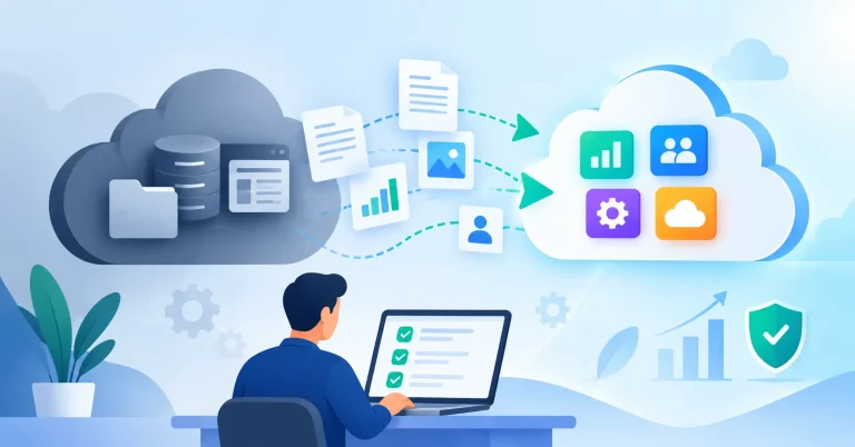 SaaS migration process showing data transfer between cloud platforms and business applications