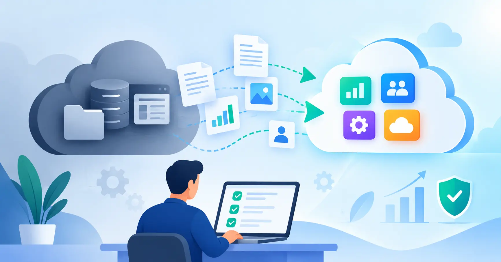 SaaS migration process showing data transfer between cloud platforms and business applications
