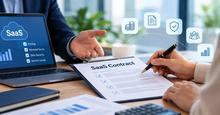 Business professionals reviewing SaaS contract terms and subscription pricing before signing.