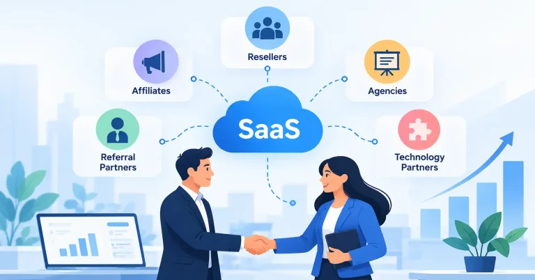 SaaS channel partnerships connecting software providers, resellers, agencies, and customers.