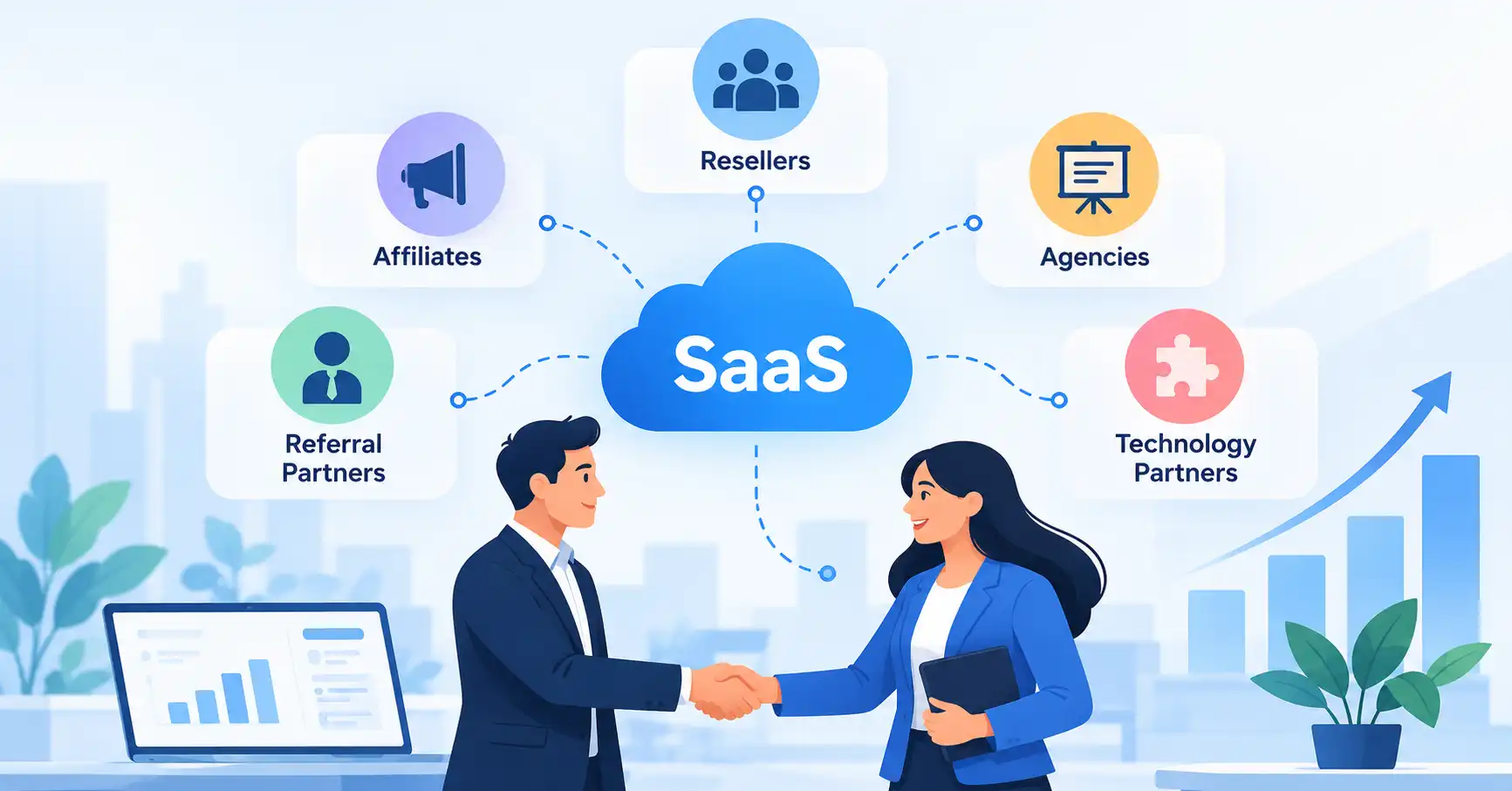 SaaS channel partnerships connecting software providers, resellers, agencies, and customers.