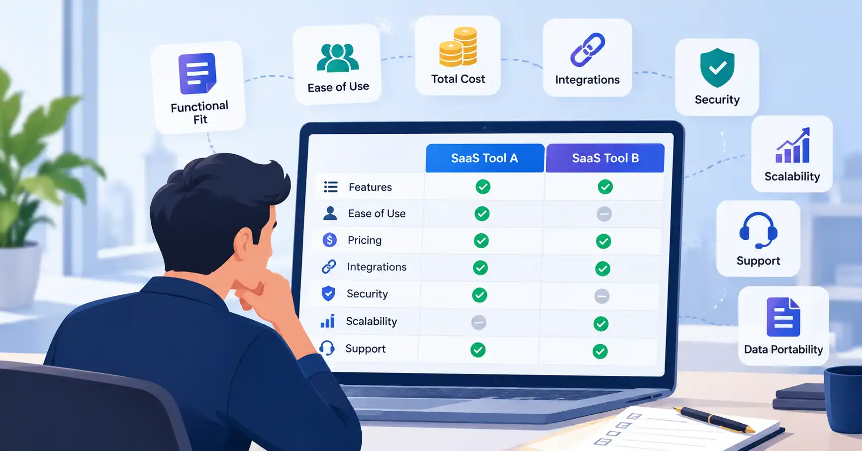 SaaS software evaluation criteria checklist for comparing features, pricing, security, integrations, and scalability.