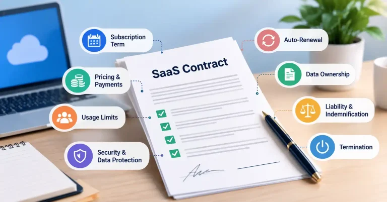SaaS contract terms checklist highlighting pricing, renewal, data security, liability, and termination clauses.