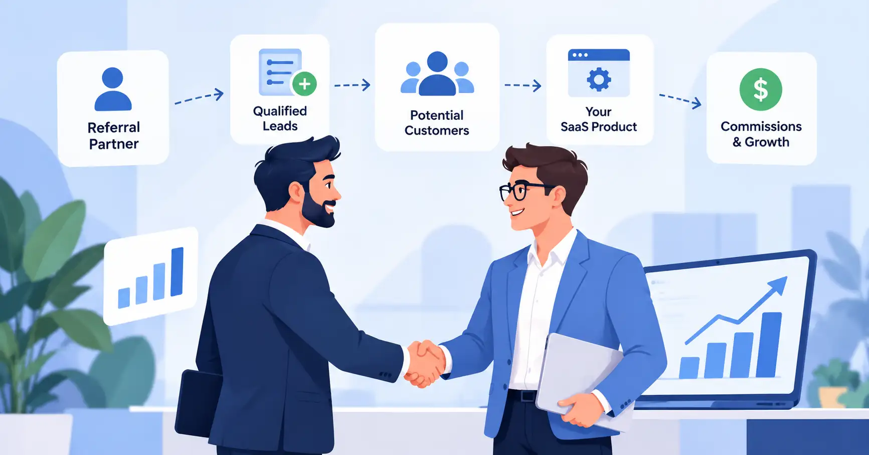 SaaS referral partnerships connecting business partners, qualified leads, customer conversions, and referral commissions.