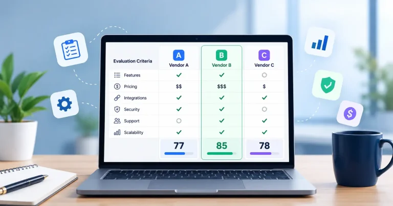SaaS vendor comparison framework showing a software comparison matrix with pricing, features, and weighted scores.