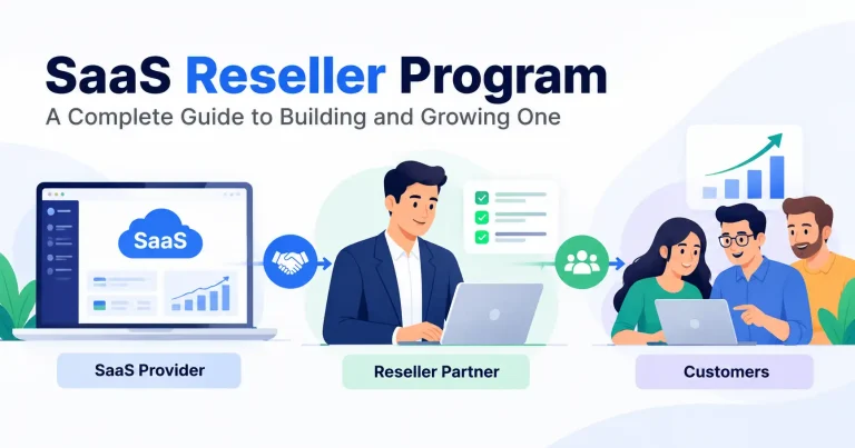 Illustration of a SaaS reseller program connecting software providers, resellers, and customers