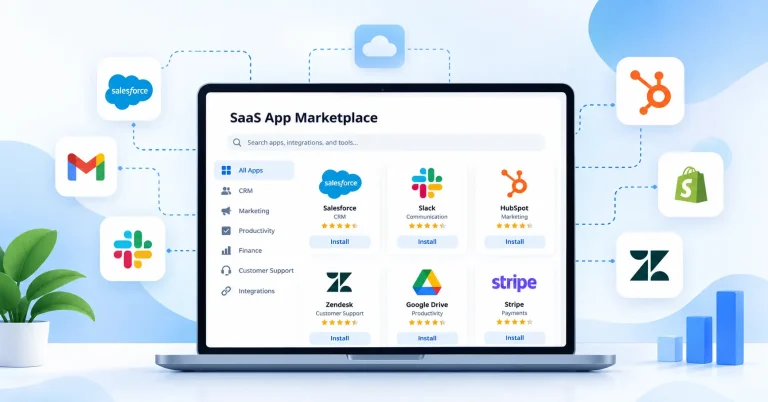 SaaS app marketplace connecting CRM, marketing, finance, and customer support applications