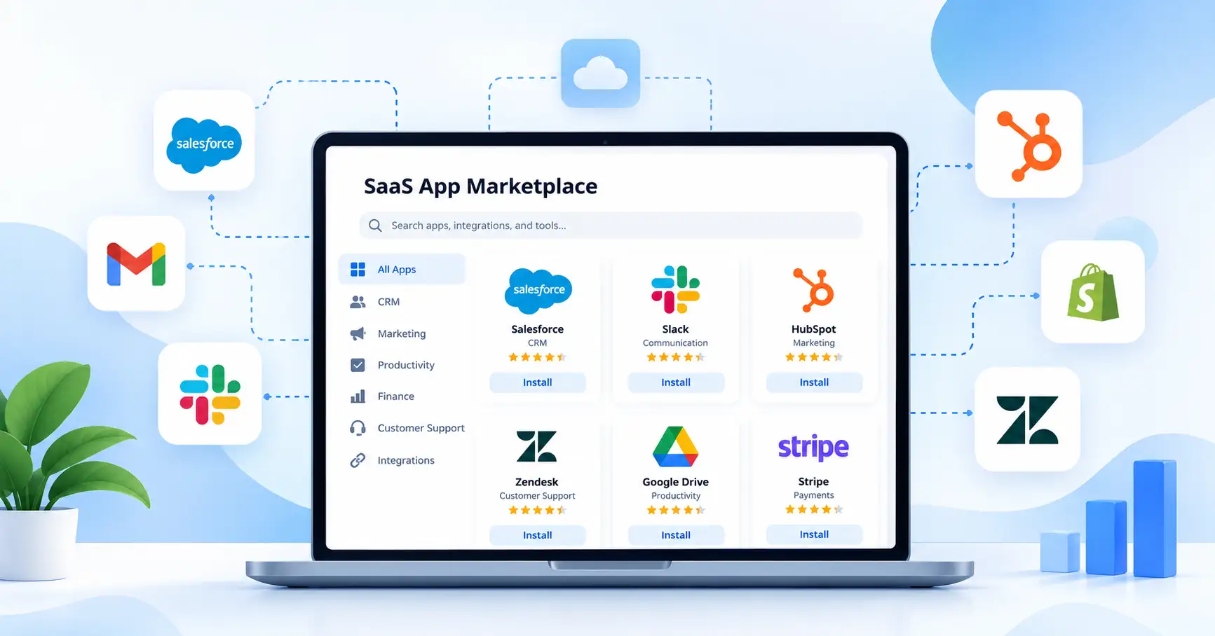 SaaS app marketplace connecting CRM, marketing, finance, and customer support applications