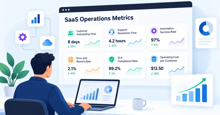 SaaS operations metrics dashboard showing workflow efficiency, automation success, customer onboarding, and operational costs.